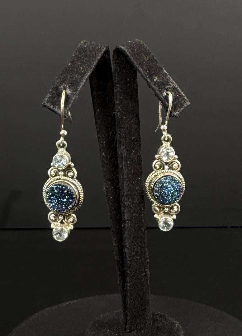 Sterling Silver Titanium Druzy Agate Earrings: 1 1/4" long. 6.58 grams.
