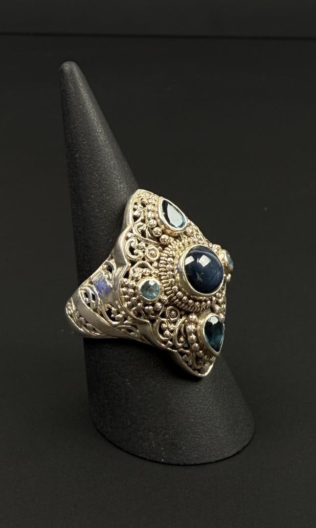 Sarda Sterling Silver Sapphire Topaz Ring: 14.01 grams. Size 11