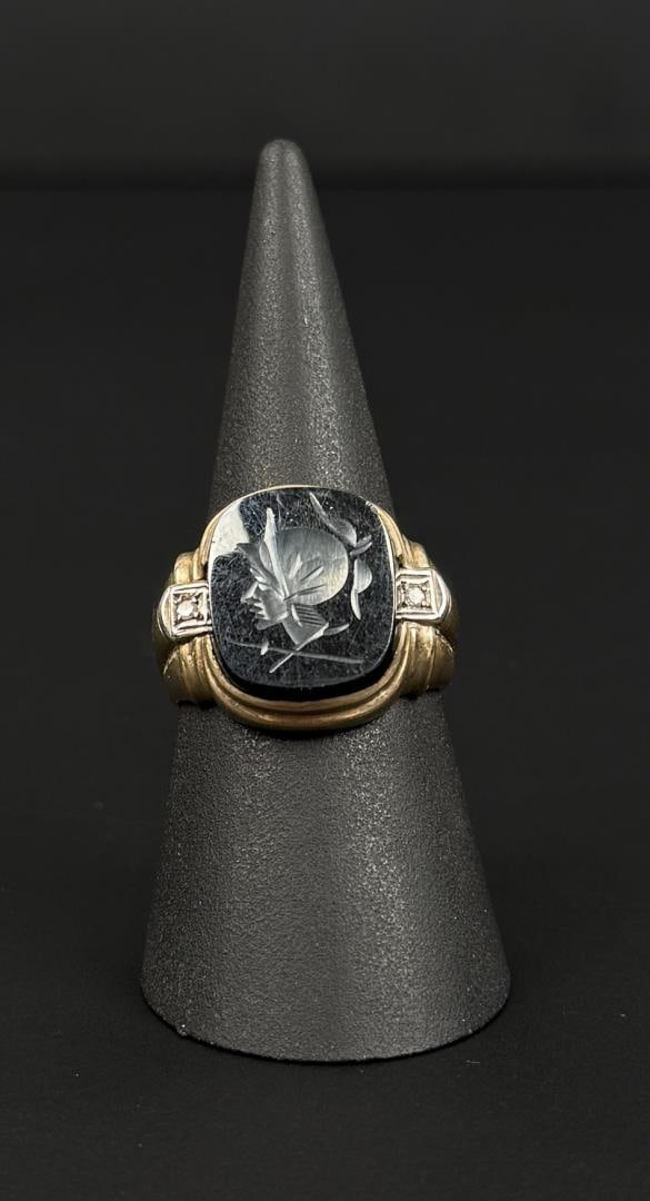 10k Gold Hematite Intaglio Signet Ring: 7.83 grams. Size 9 1/4. Lot requires payment via non credit card only.