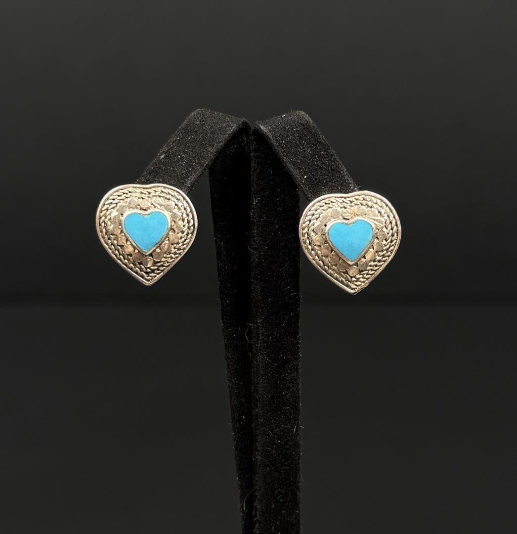 Sterling Silver Turquoise Heart Earrings: 4.34 grams. 1/2" by 1/2"