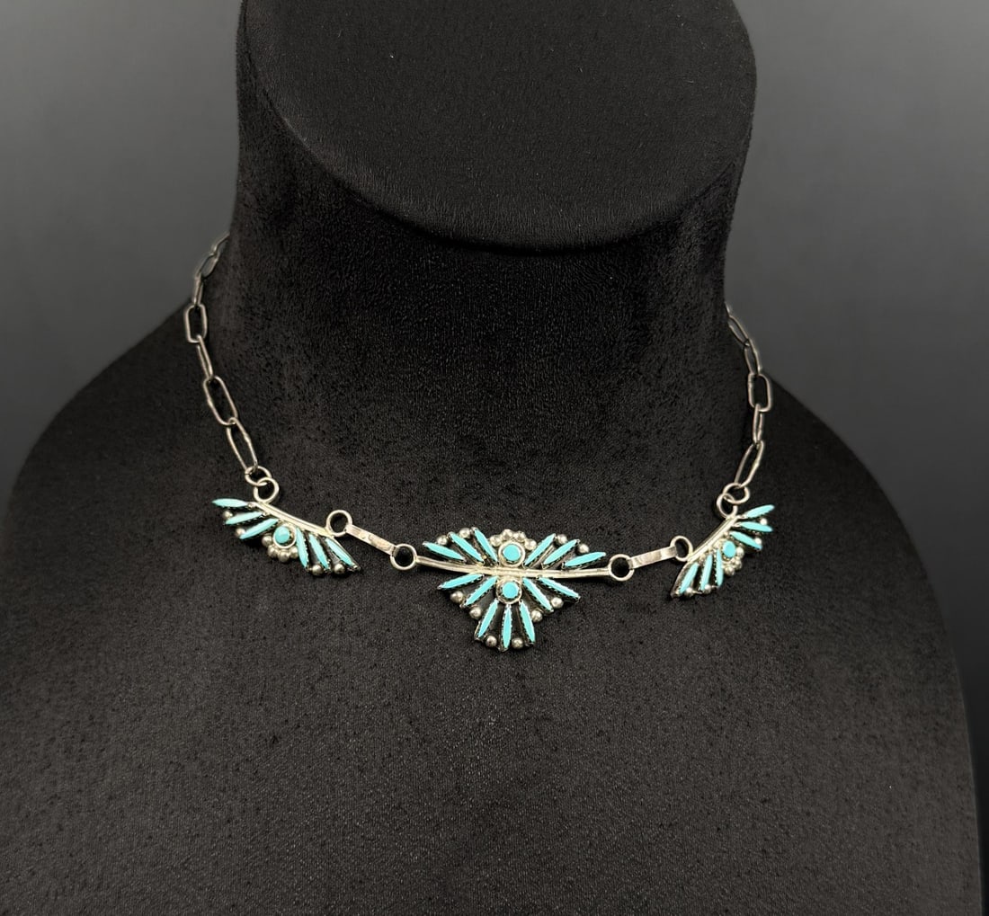 Zuni Petit Point Sterling Turquoise Necklace: 8 1/4" long as displayed. 13.97 grams. Zigmond & Ethel Peina.