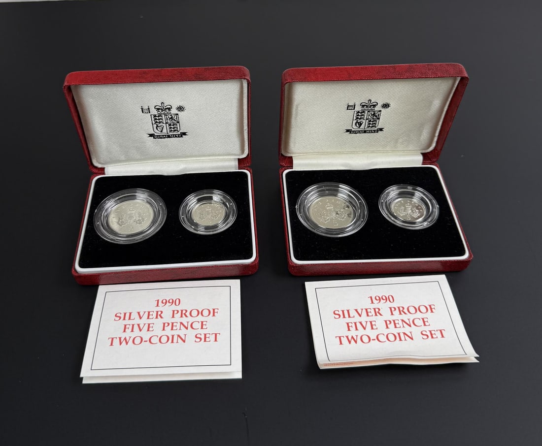 1990 Silver Proof Five Pence Coin Sets: Royal Mint.