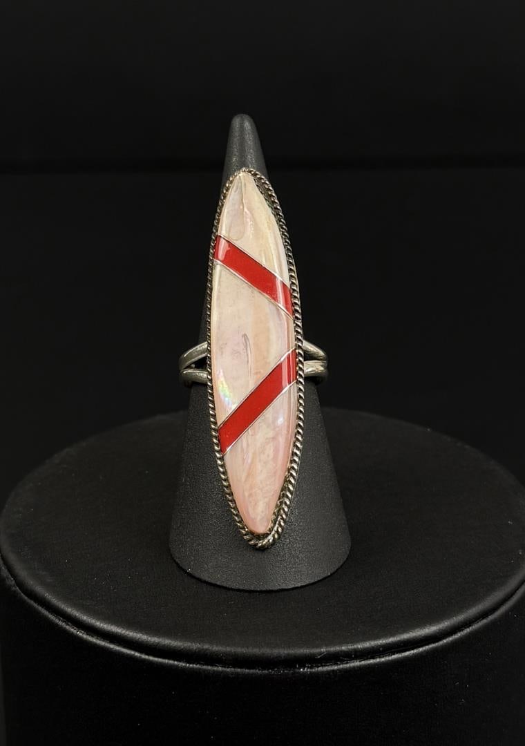 Zuni Sterling Silver Mother of Pearl Inlay Ring: Pink Mother of Pearl and Coral. 9.51 grams. Size 9