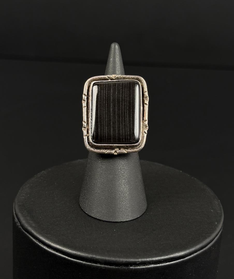 Navajo Sterling Silver Black Petrified Wood Ring: 13.93 grams. Size 6 1/2