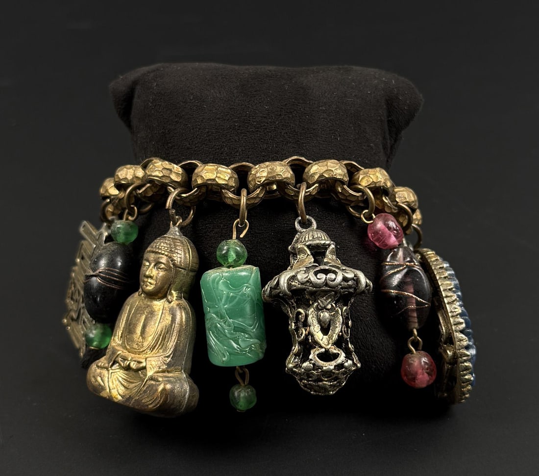 Art Deco Chinese Costume Jewelry Charm Bracelet: 8" long when open.