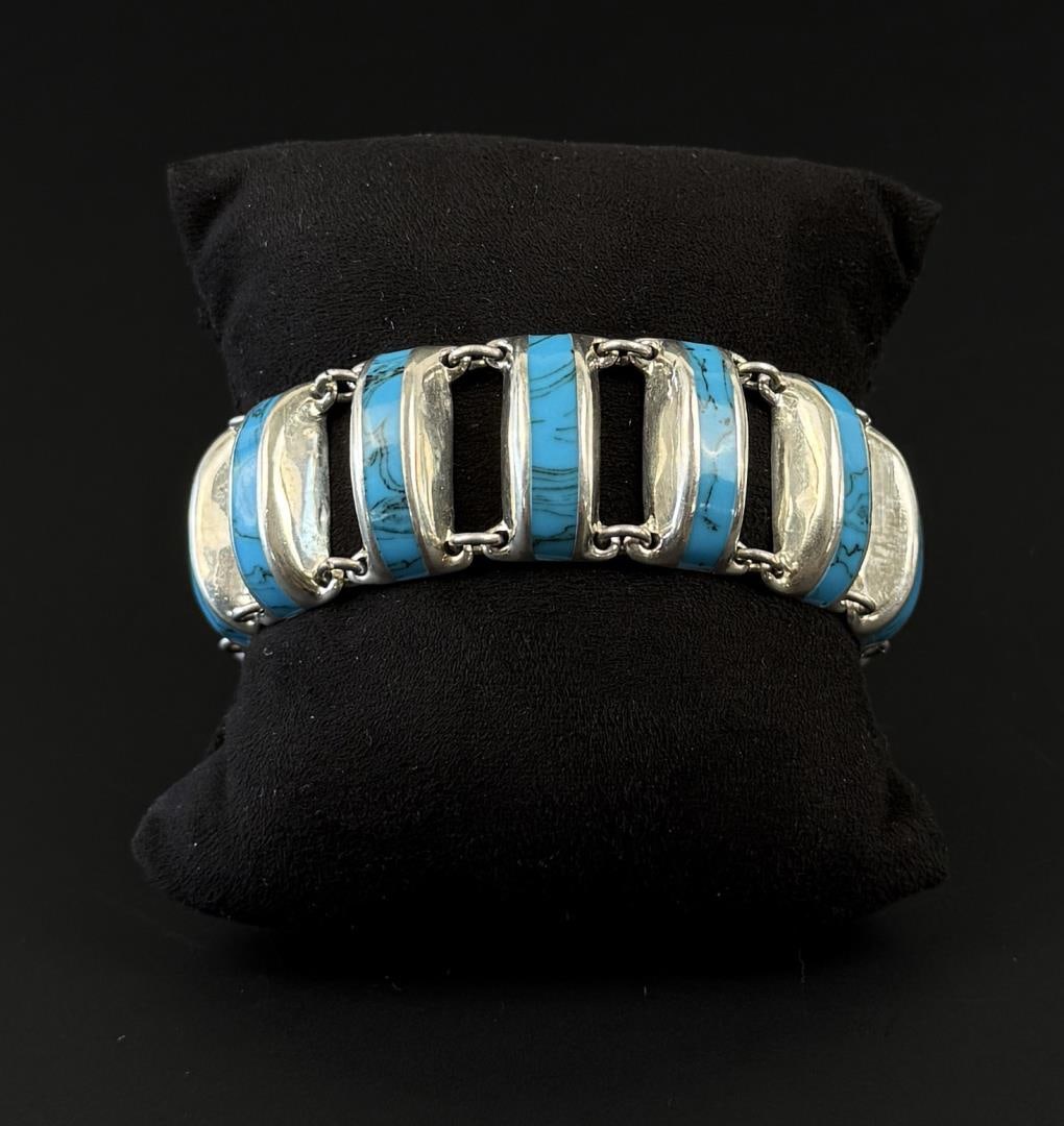 Taxco Mexico Sterling Silver Inlay Bracelet: 55.42 grams. 6" inner circumference.
