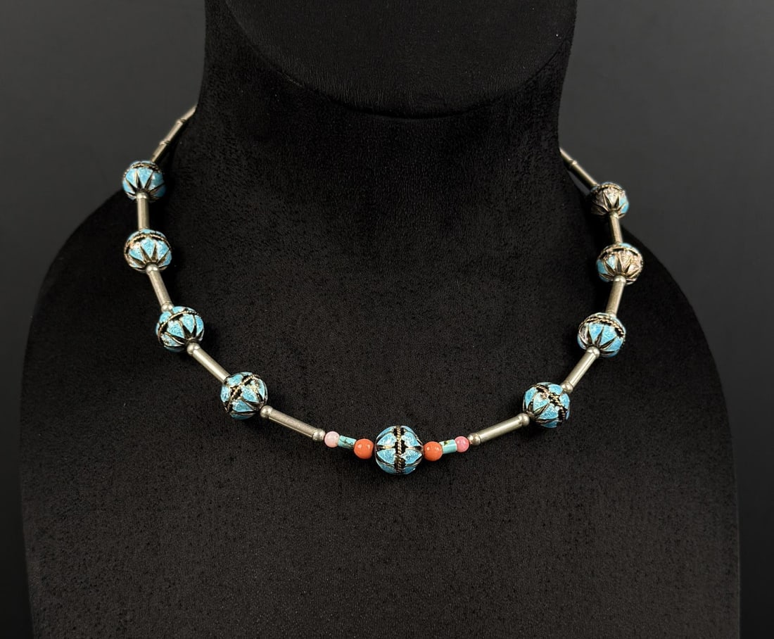 Sterling Silver Cloisonne Ball Necklace: 9 5/8" long as displayed.