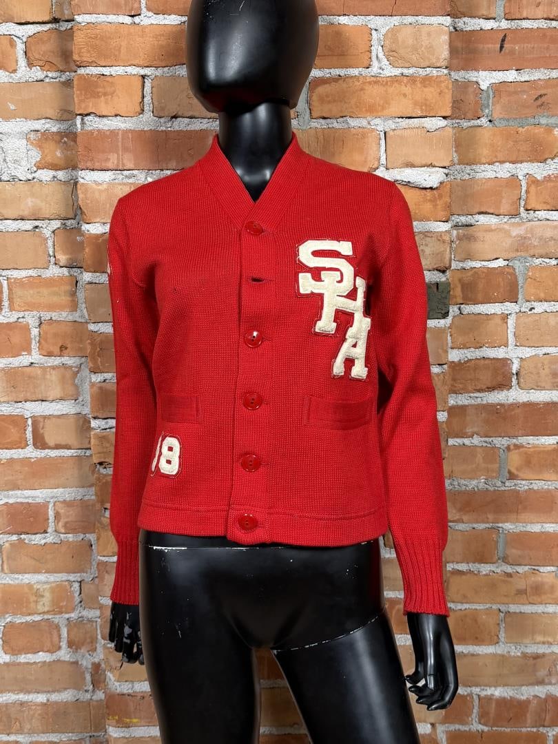 Nelson Knitting Mills Letterman Varsity Sweater: 16" armpit to armpit, 13" shoulder to shoulder, 21 1/2" long. Missing a button.