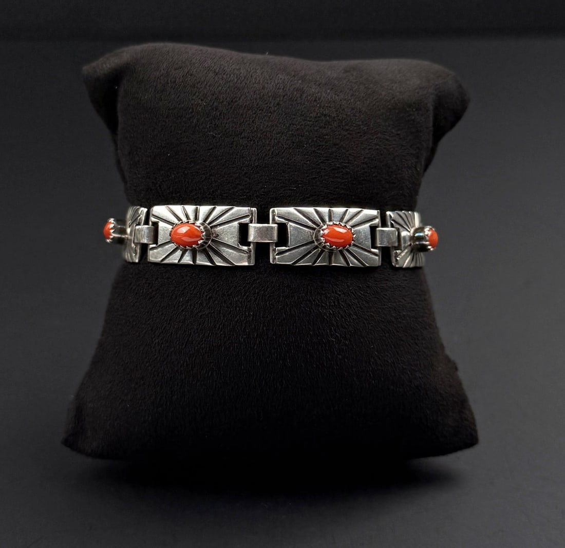 Navajo Sterling Silver Coral Concho Bracelet (1 of 8)