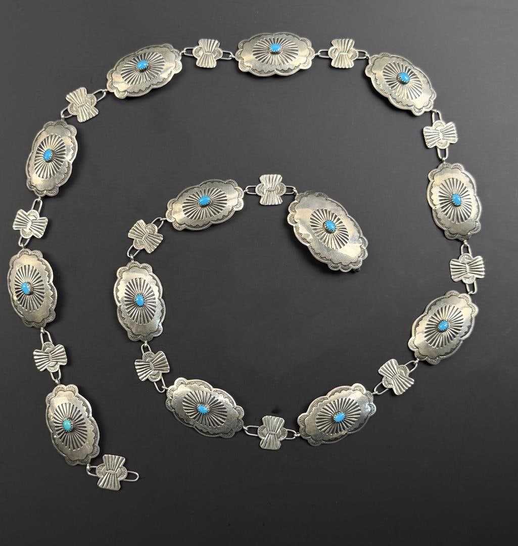 Navajo Sterling Silver Turquoise Concho Belt: 81 grams. 37" long.
