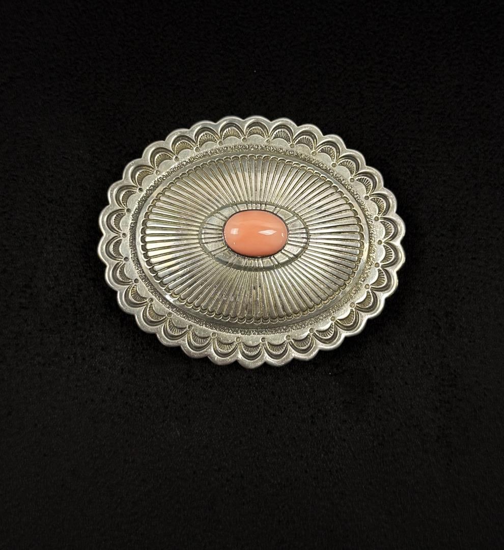 Ron Bedonie Navajo Sterling Coral Belt Buckle: 62.72 grams. 2 1/4" by 2 3/4".