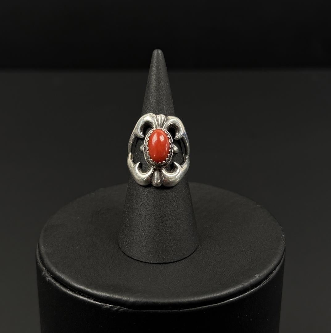 Navajo Sterling Tufa Cast Coral Ring: 9.59 grams. Size 8
