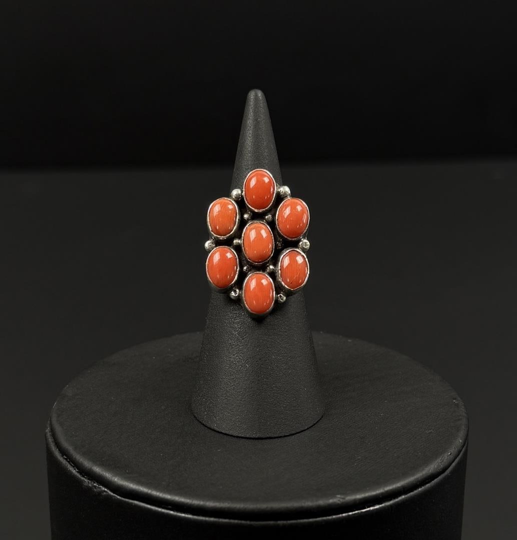 Navajo Sterling Silver Coral Ring: 8.91 grams. Size 6 1/4