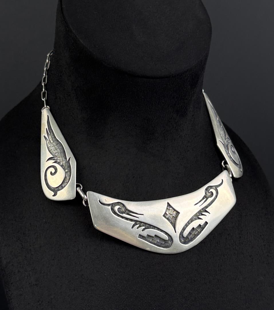 Preston Monongye Hopi Sterling Silver Necklace: 76 grams. 7 7/8" long as displayed.