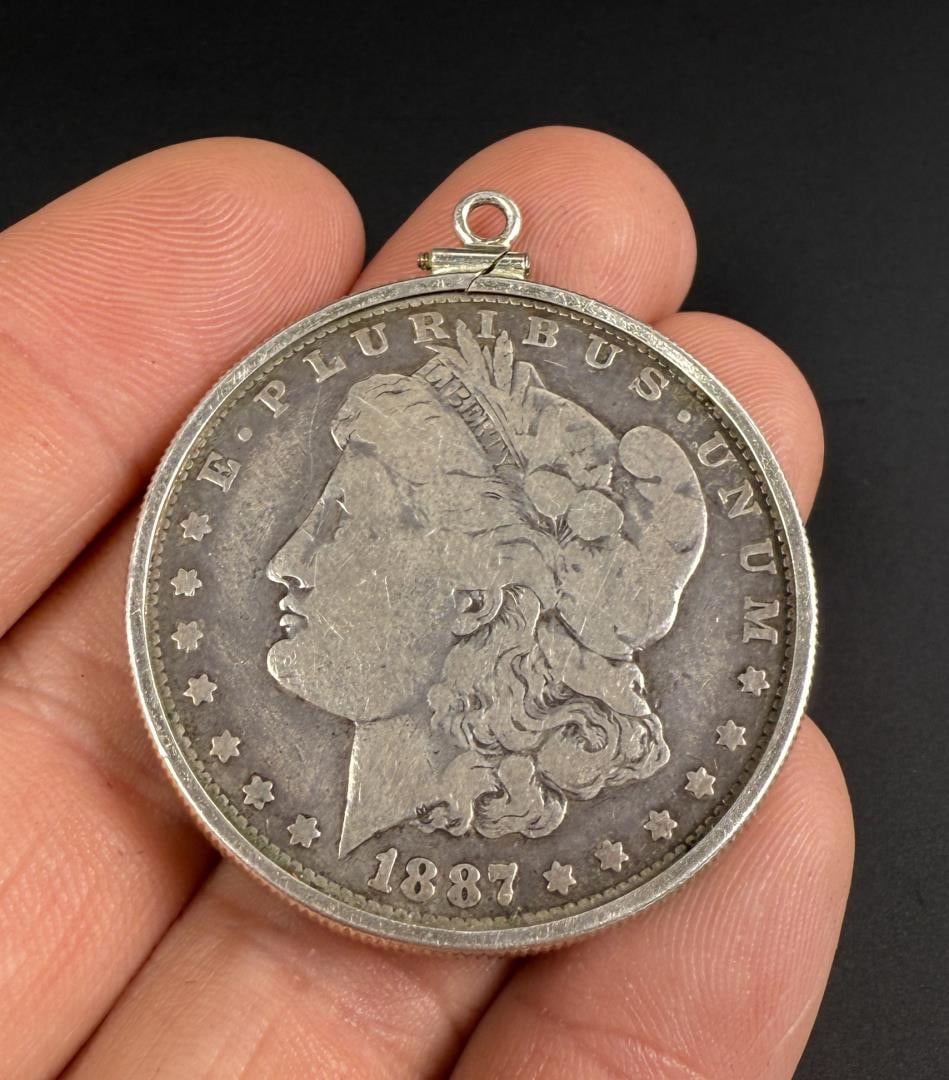 1887 O Morgan Silver Dollar Pendant: 1 1/2" diameter.
