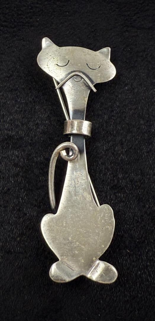 Otto Robert Bade Orb Sterling Silver Cat Brooch: 8.02 grams. 2 5/8" by 7/8".