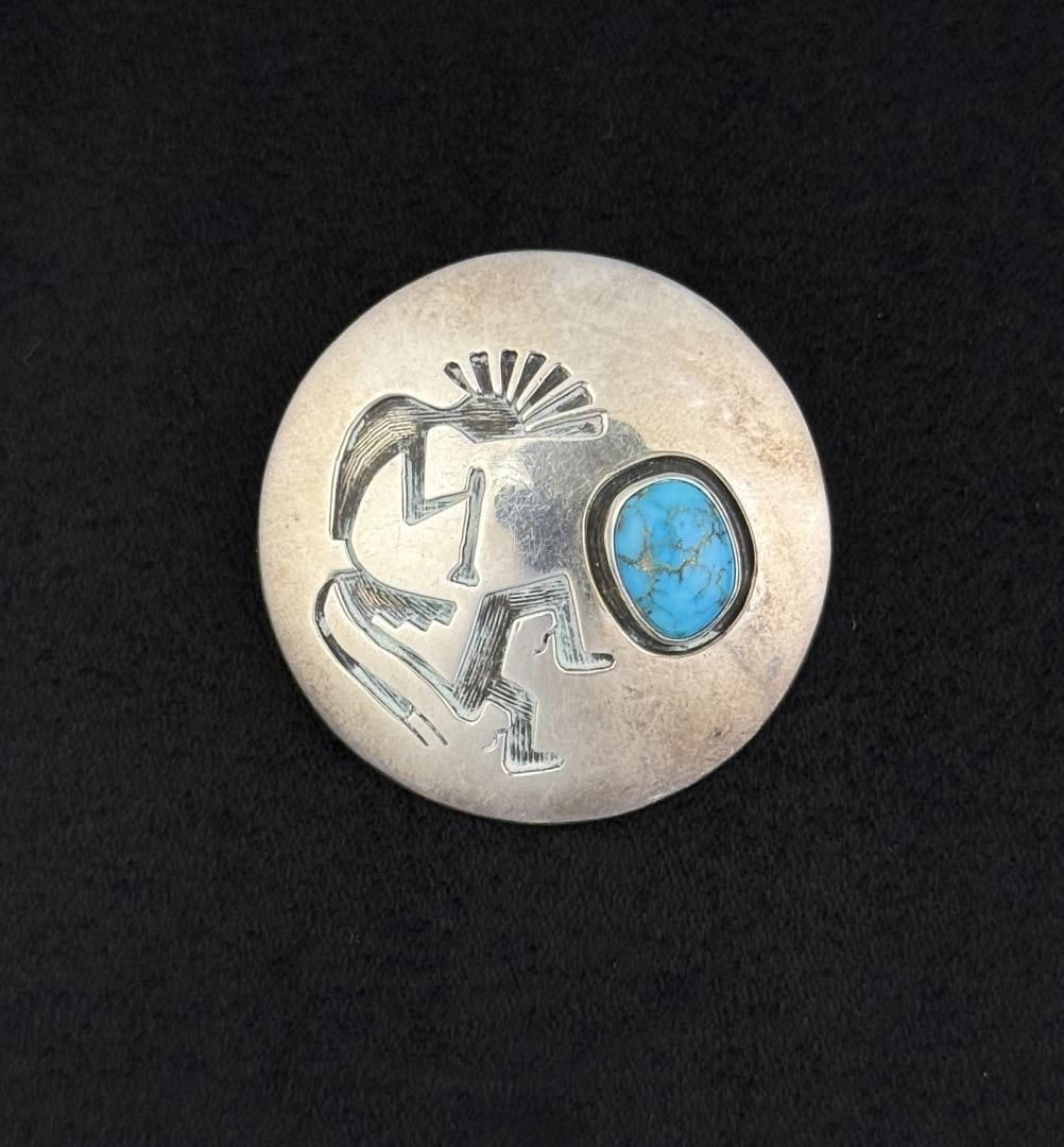 Emerson Thompson Navajo Sterling Kokopelli Brooch: 19.04 grams. 1 1/2" diameter.