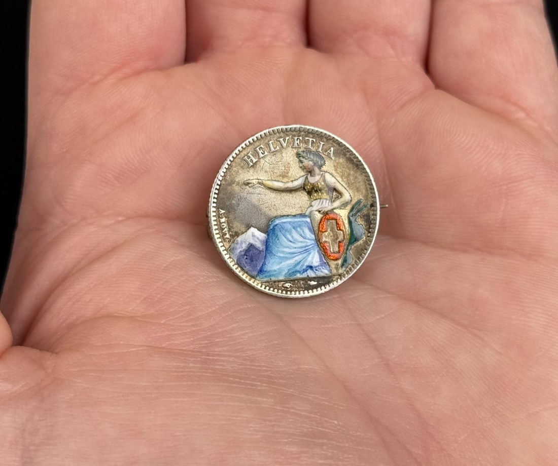 French Enamel Silver Coin Brooch: 5.36 grams. 7/8" diameter. 1850