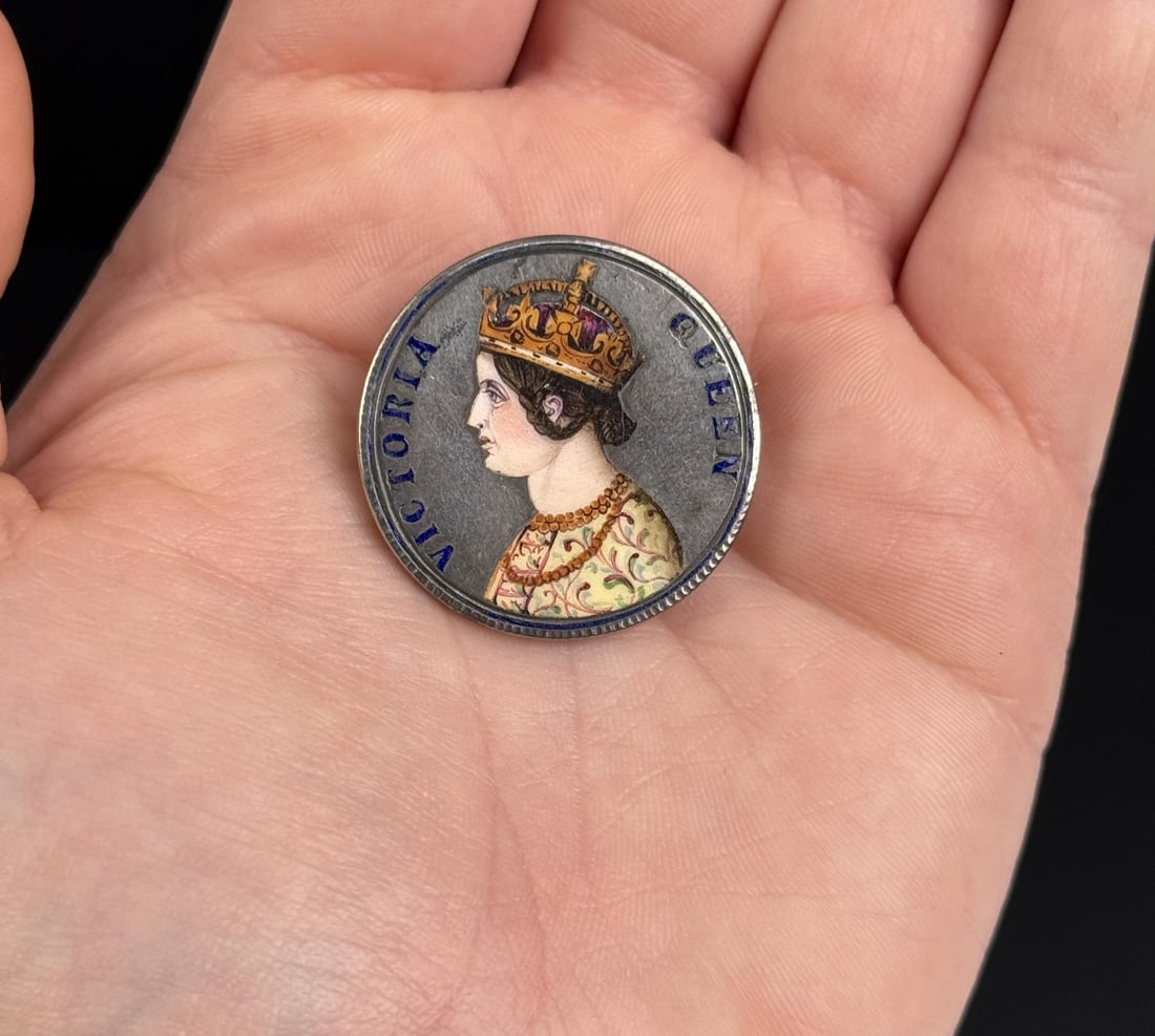 Queen Victoria Indian Enamel Silver Coin Brooch: 11.44 grams. 1862. 1 1/8" diameter.