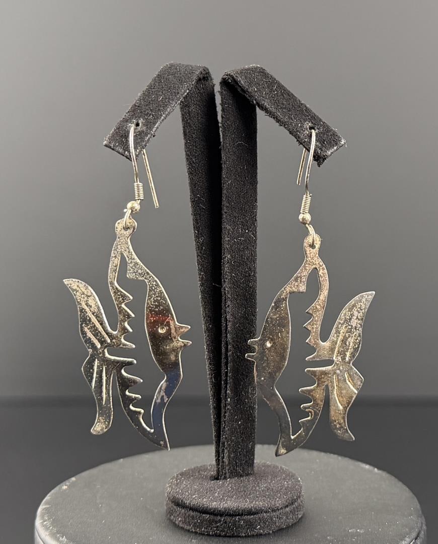 Taxco Alpaca Silver Fish Earrings: 2" long.