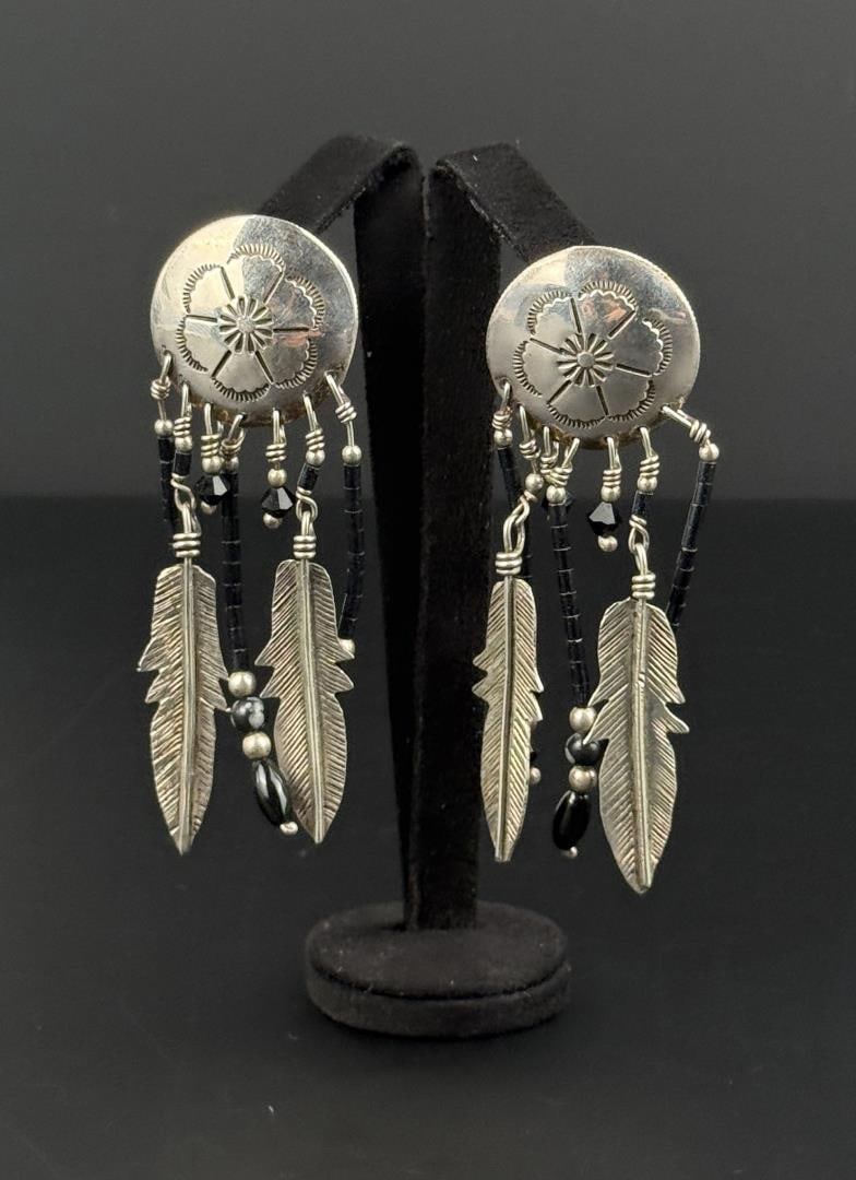 Navajo Sterling Silver Feather Earrings: 2 3/4" long. 15 grams.
