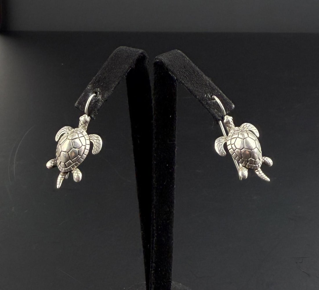 Sterling Silver Turtle Earrings: 1 1/8" long. 5.16 grams.