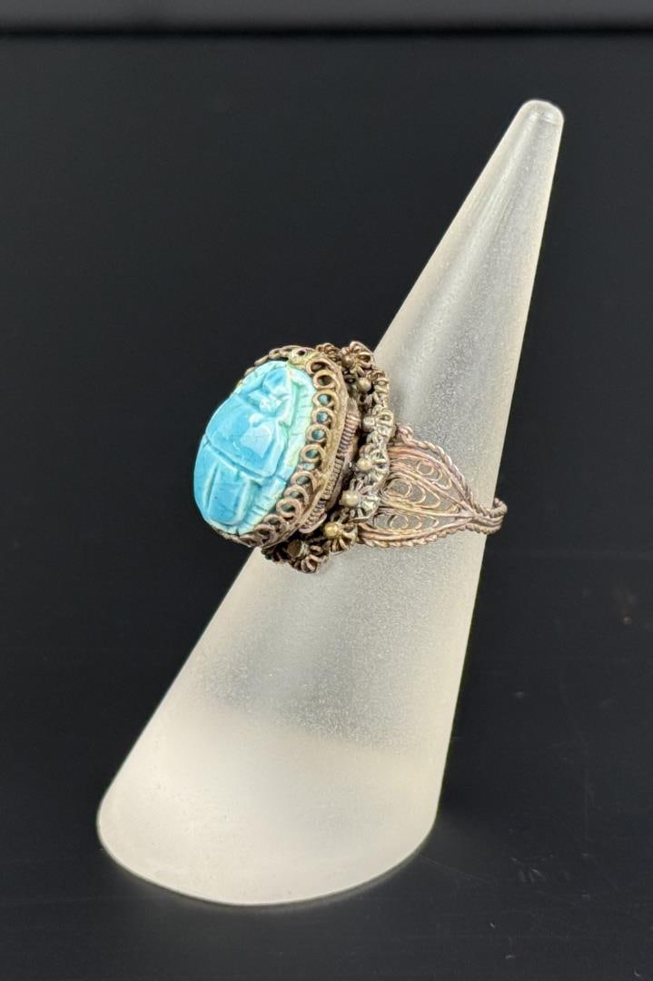 Ancient Faience Pottery Egyptian Scarab Ring: Set in a Victorian Filigree setting. 4.72 grams. Size 6 1/4