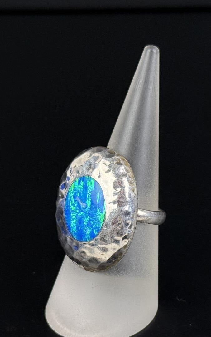 Taxco Mexico Blue Opal Sterling Silver Ring: 9.4 grams. Size 9