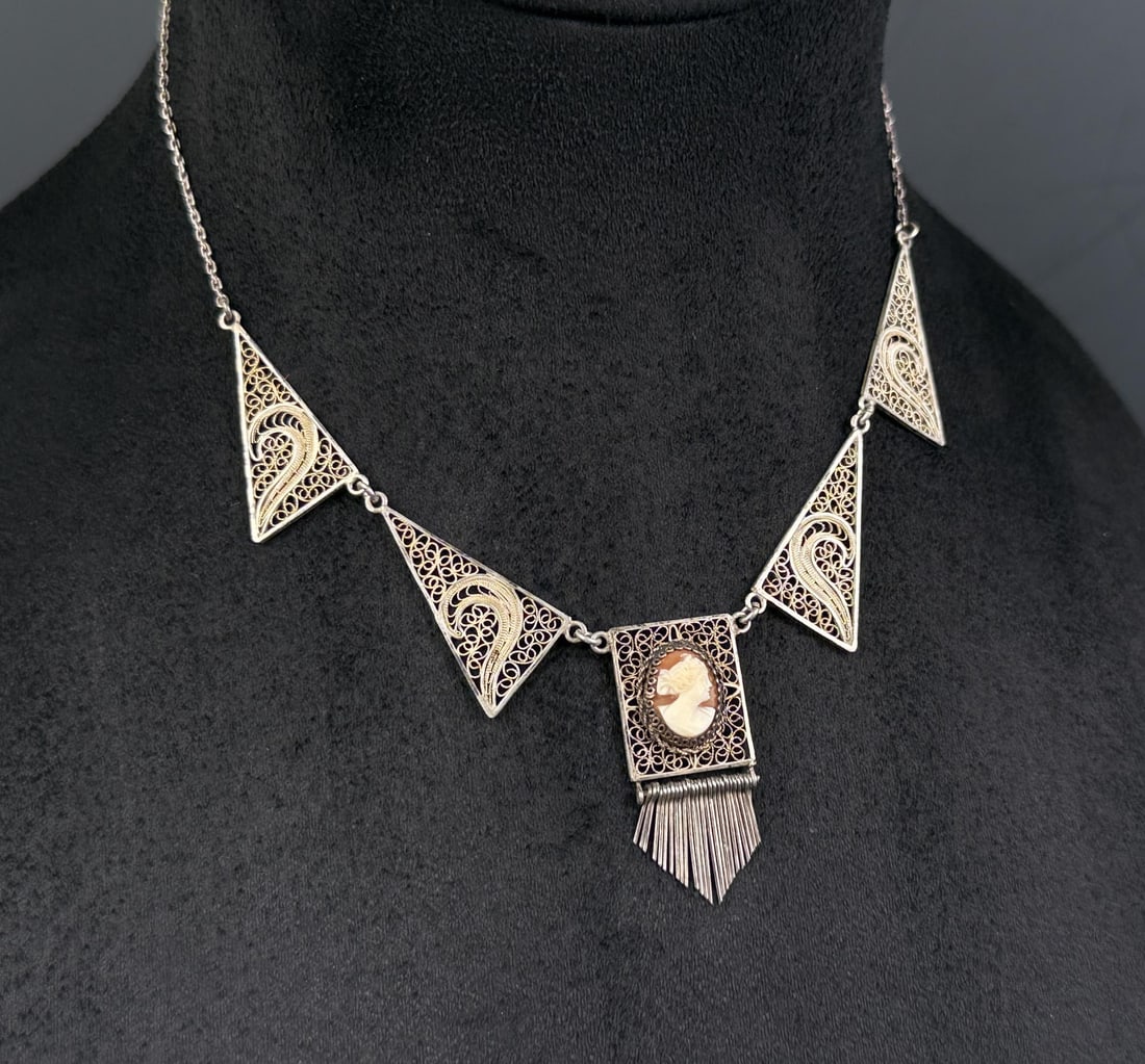 Victorian Filigree Sterling Silver Cameo Necklace: 9.39 grams. 9 1/2" long as displayed
