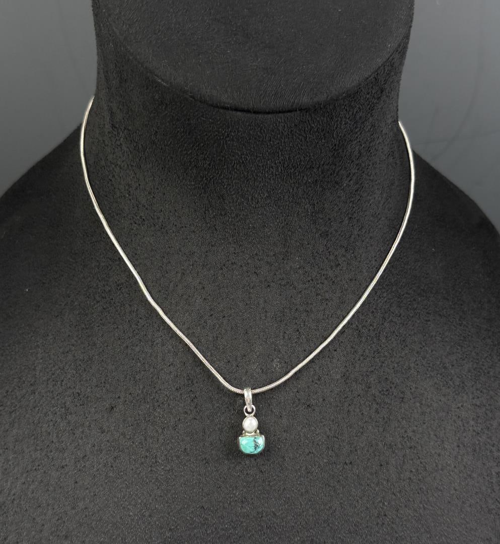 Sterling Silver Pearl Turquoise Necklace: 6.94 grams. 9 1/4" long as displayed