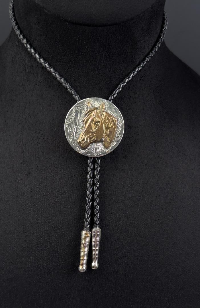 German Silver Horse Cowboy Bolo Tie: 17 5/8" long as displayed.