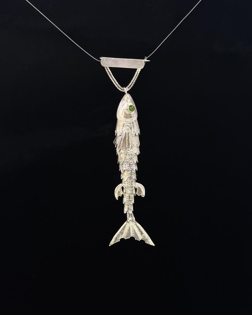 Peruvian Sterling Silver Articulated Fish Brooch: Signed MRT. 13.17 grams. 4 1/4" long.