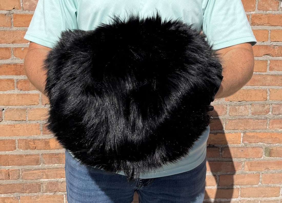 Black Bear Fur Stagecoach Muff: 14" by 14 3/8" Only for sale where legal. No International Sales. Know your own laws. No sales to Alabama, California, Florida, Georgia, Mississippi, Kentucky, Massachusetts, Nebraska, North Dakota, O