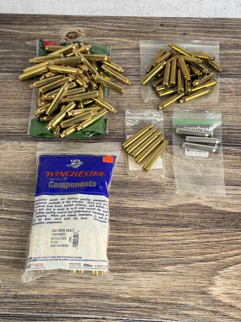 Collection of .300 Mag Rifle Brass: .300 RUM, Sealed bag of .300 Win Man, .375 once fired quantity of 5, and 3 fired .300 Win Mag.