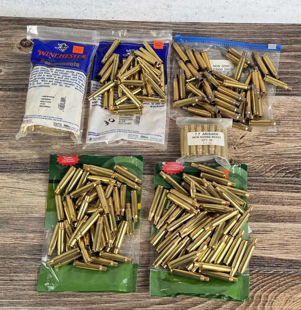 Group of Assorted Rifle Brass: 8mm (50 total), 6.5x55 (50 total), .303 (30 total), 7.7 arisaka (20 total), 25-06 (51 total), 7.5x55 (46 total)