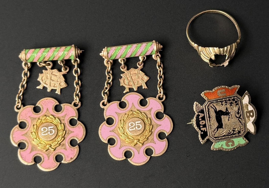 Collection of 10k Gold Items: Including two IOOF Rebekah Lodge Pins. 11.3 grams. Lot requires payment via non credit card only.
