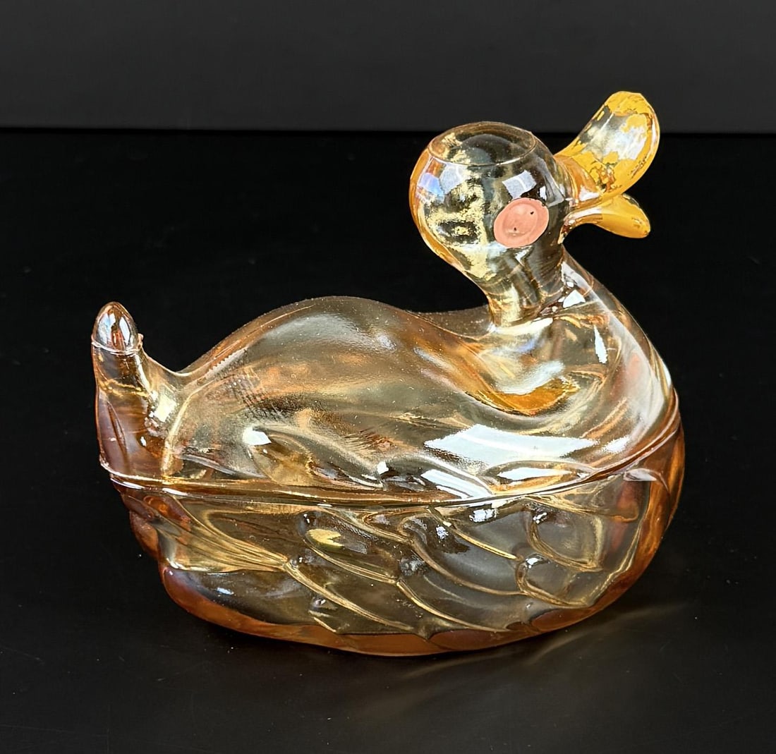 Jeanette Marigold Carnival Glass Duck Dish: 5" by 4 1/2" by 4 1/4"