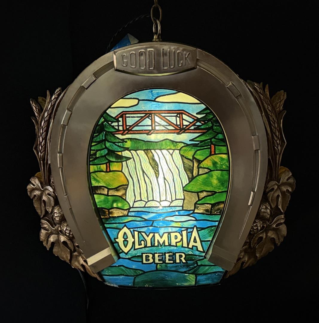 Olympia Beer Horseshoe Lighted Bar Sign: 22 1/2" by 21" by 8 3/4".