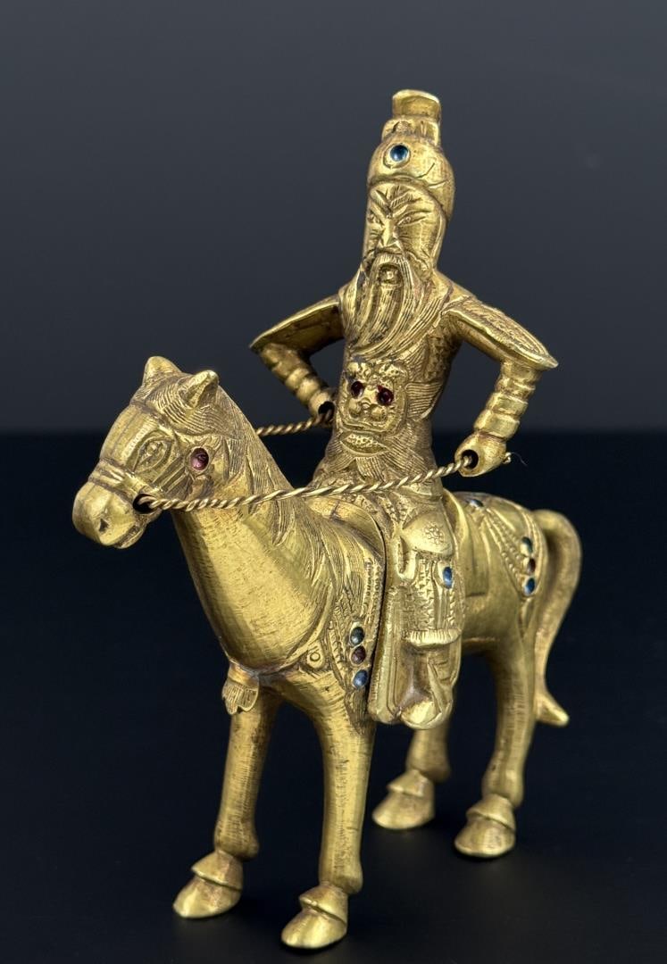 Chinese Bronze Jewel Encrusted Horse and Rider: Republic Period. 5 3/4" by 5" by 2 3/8".