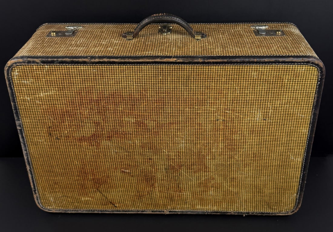 1940s Tweed Suitcase: 26 1/4" by 19 5/8" by 9"