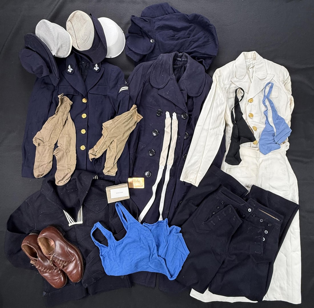 Complete WW2 Named WAVES Uniform Grouping: Overcoat, Shoes, Hats, Skirts, Deck Uniform, Dress Uniforms, Socks, Tanktop, Socks, and Ties. Named to C.A. Higdem.
