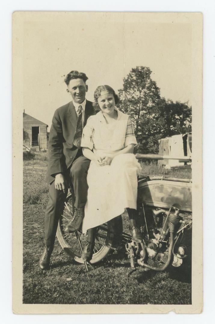 Couple on Early Harley Davidson Motorcycle Photo: 3 1/4" by 5"