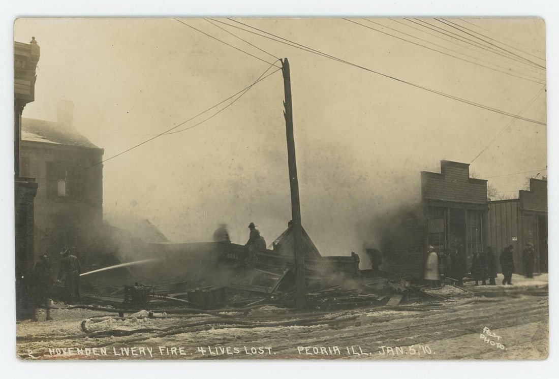 Hovenden Livery Fire Peoria Illinois RPPC Postcard: Historic image.