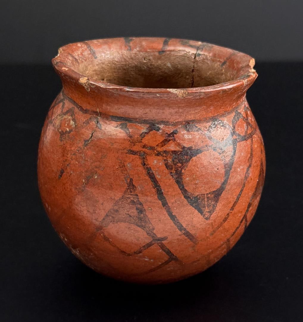 Historic Maricopa Pueblo Pottery Jar: 3 1/2" diameter, 3 1/2" tall. Cracked.