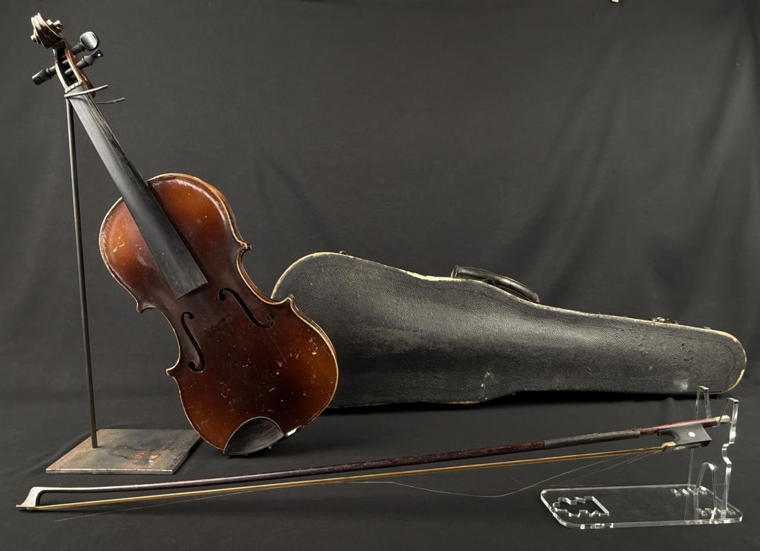 Antique Stradivarius Violin Copy and Bow: Bow is 29" long, and has an obscured marking that says "Germany".