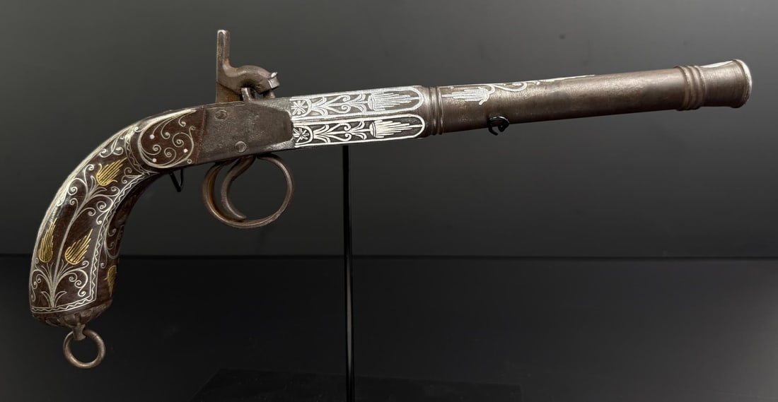 Cannon Barrel Silver Gold Inlaid Boxlock Pistol (1 of 14)