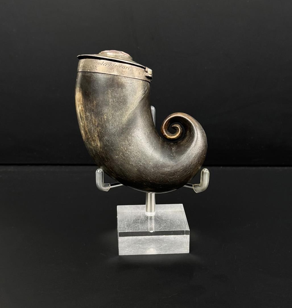 Scottish Ram Horn Snuff Mull: Presented to Jas Campbell by the workers under his care, Dundee 1835. 3 5/8" by 2 1/4" by 1 1/2".