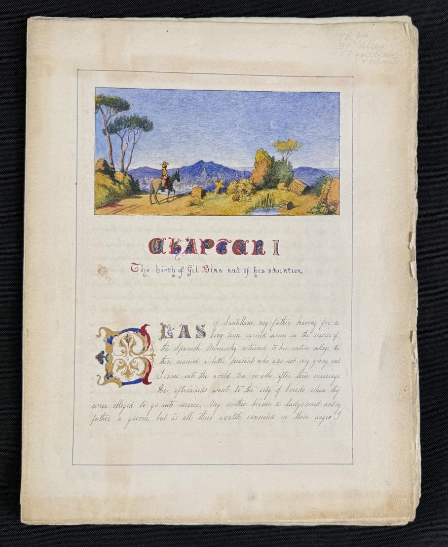 Hand Illuminated Manuscript Copy of Gil Blas: Gil Blas, written by Alain-Rene Lesage (French, 1668-1747) in 1715, this anonymous English translation manuscript copy appears to be a 19th century Arts and Crafts movement production, thirty-six shee