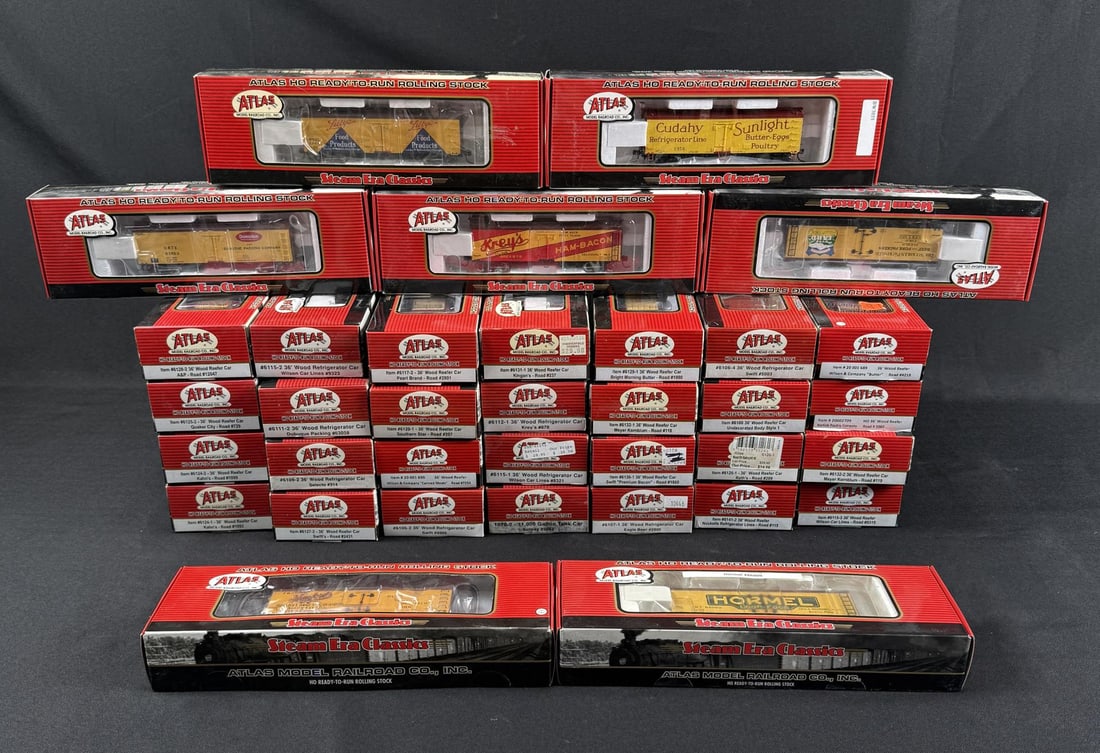 Collection of Atlas Steam Era Classic Boxcars: 35 total.