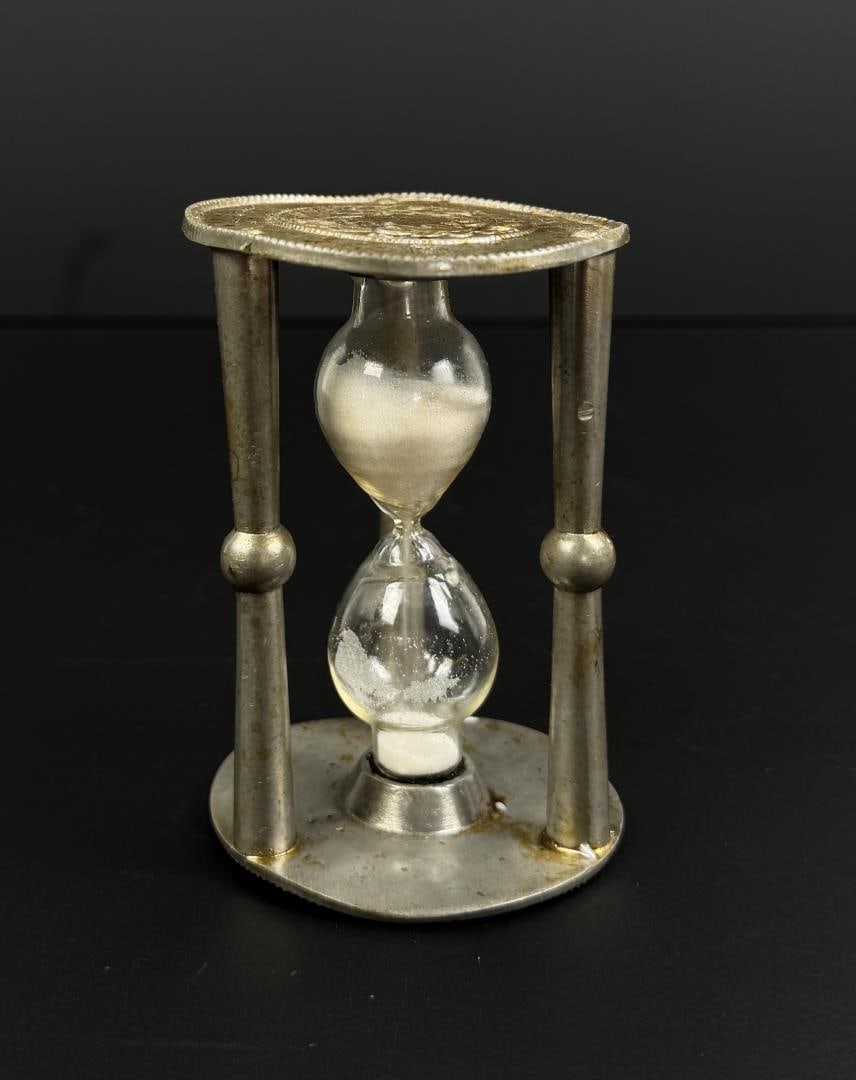 Pewter Hourglass: 3 3/4" tall, 2 1/2" diameter.